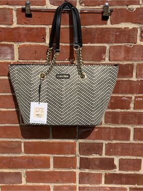 Calvin Klein Black and White Chevron Tote with Gold Accents